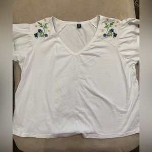 SHEIN White Blouse with Blue and Yellow Floral Embroidery